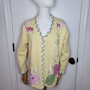 Vintage Storybook Knits Yellow Beaded Spring Floral Cottagecore Cardigan